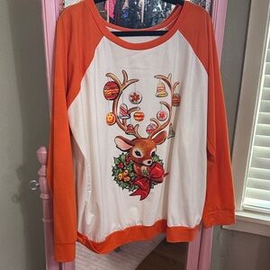 Orange and White Reindeer Women's Long Sleeve Top